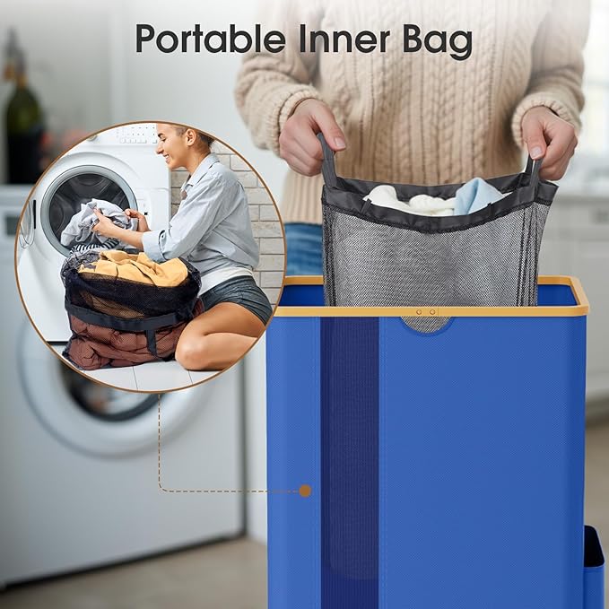 Laundry Basket Clothes Hamper with Lid and Pocket Large Collapsible Laundry Baskets with Handle, Blue Freestanding Hampers for Bedroom Aesthetic, Dorm, Bathroom, Laundry Room (150L)