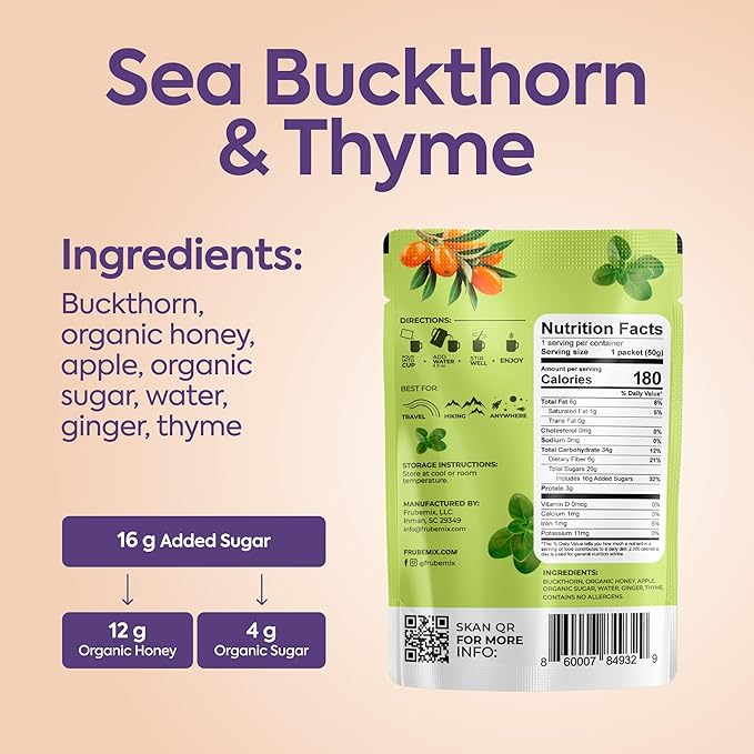 Frubemix Sea Buckthorn & Thyme – Honey Sweetened, Purée-Based Drink Mix | No Artificial Flavors | Sparkling Refreshers, Cocktails & Mocktails | Hot or Iced (10 Count)