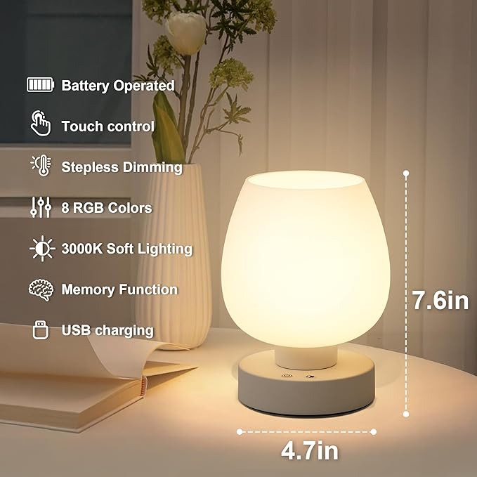 Cordless Touch Bedside Table Lamp set of 2 - Rechargeable Modern Small Table Lamp with White Glass Lamp Shade, Stepless Dimmable & 8 RGB Colors & Memory, Desk Lamp for Nursery Bedroom Nightstand