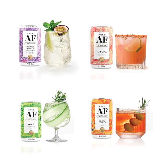 AF Drinks Non-Alcoholic Tasting Pack | Alcohol Alternative Sparkling Cocktails with AFTERGLOW Botanical Warmth | Gluten-Free, Low-Calorie | 8.4 oz Cans. Variety 6 Pack