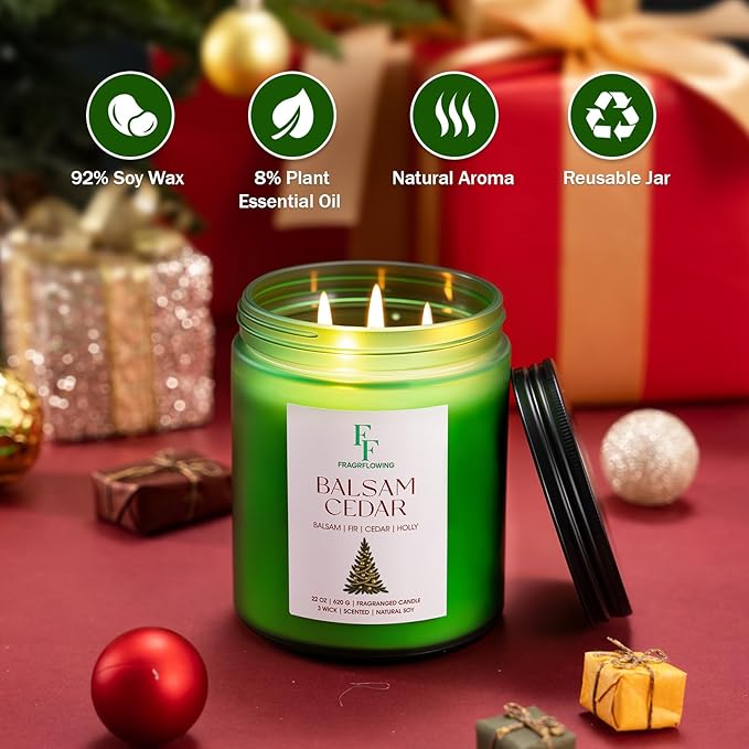 Large Christmas Candle Balsam Cedar Scented, 3-Wick 22oz Long Lasting Scented Candle, Natural Soy Wax Aromatherapy Candle for Home, Holiday Candle Gifts for Women Men