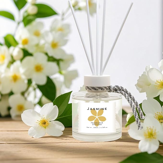 Jasmine Reed Diffuser Set, 6.77OZ(200ML) Large Capacity Natural Non-Toxic Oil, Reed Diffusers Set for Home