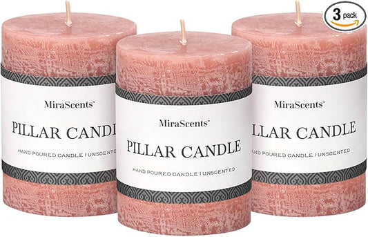 3x4 Inch Reddish Brown Pillar Candles Set of 3 - Unscented Candles, Long Clean Burning, Large Big Candles, Smokeless Dripless Pillar Candles for Dinner Table, Wedding, Home, Bathroom, Rustic Decor
