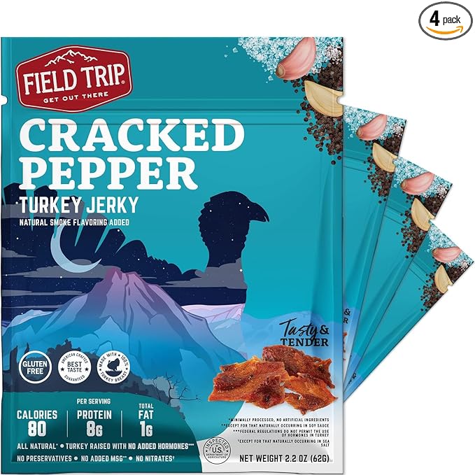 Field Trip Turkey Jerky, Gluten Free, Low Carb, Healthy High Protein Snacks, No Nitrates, All Natural Ingredients, Cracked Pepper, 2.2oz Bags, 4 Pack