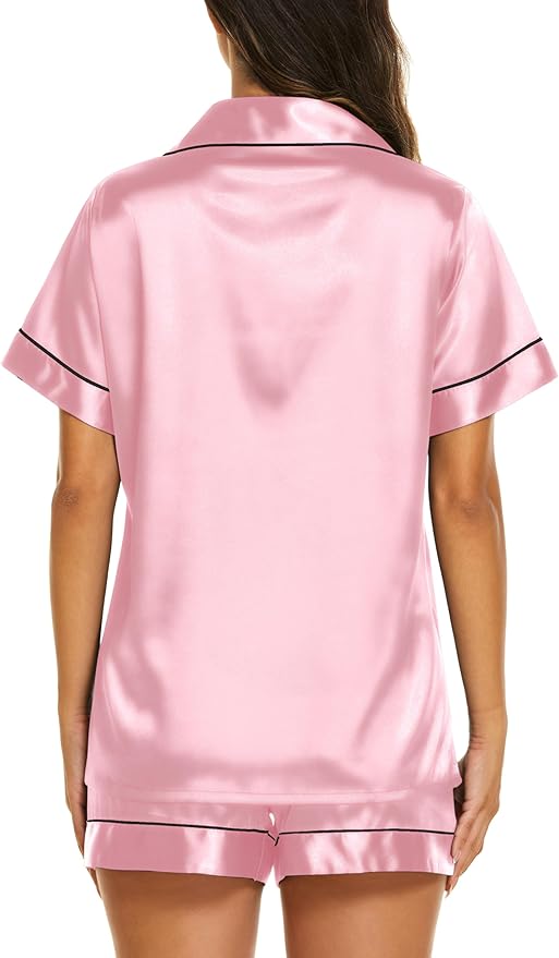 Ekouaer Silk Pajamas for Women Short Sleeve Sleepwear Soft Button Down Loungewear 2 Piece Satin Pjs Shorts Set S-XXL