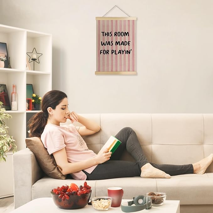 Exqcom Kids Playroom Wall Decor, Play Room Wall Art Poster, This Room Was Made for Playin Preppy Pink Striped Posters for Kids Girls Nursery Toddler Room Bedroom Playroom, 12x16 Inches