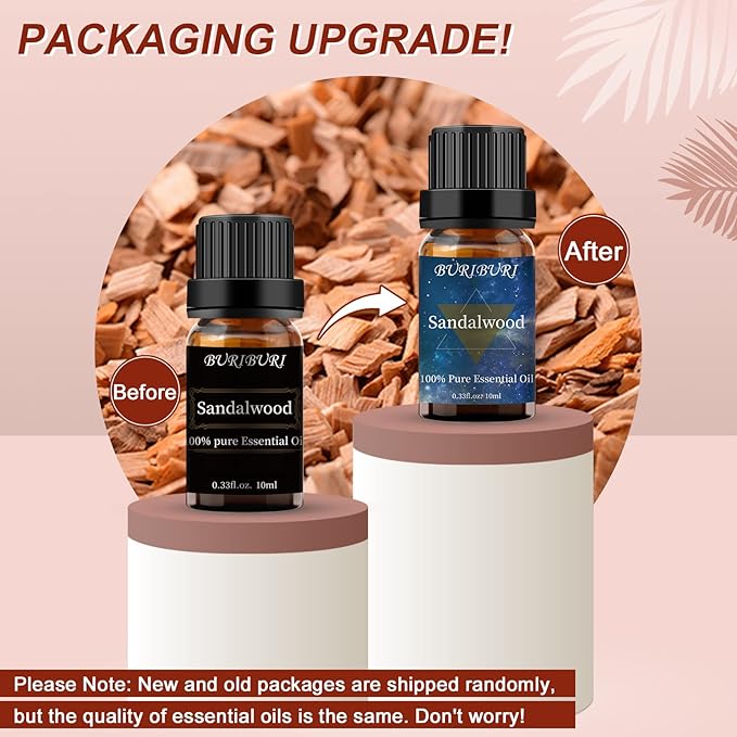 BURIBURI Sandalwood Essential Oils for Diffuser, Skin, Hair, 100% Pure, Fragrance Oil for Candle Soap Perfume Making, Natural, Organic Aromatherapy Sandalwood Oils 10ML