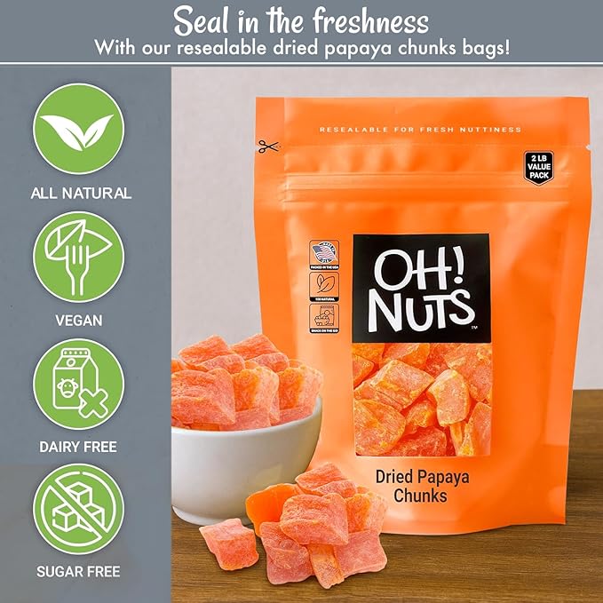 Oh! Nuts Dried Papaya Chunks - 2 lb - Dried Fruit Chunks - Less Sugar Added - Dehydrated Fruit Bites - Packed in New York Zip-Seal Bag for Exceptional Freshness