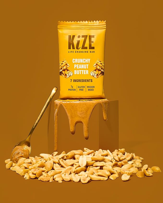 KiZE Energy Bars - Crunchy Peanut Butter - 20-Count - Gluten Free, Dairy Free, Non-GMO, and High Protein Meal Replacement Energy Bars, Clean and Simple Food Ingredients - 7g High Protein Snacks (20 Count)