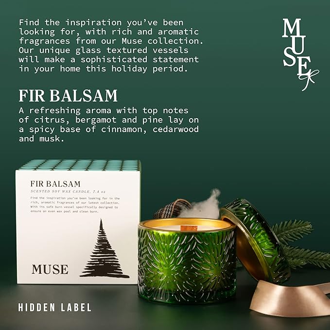 Hidden Label Fir Balsam Scented Crackling Wood Wick Soy Candles, 7.4oz Glass Jar Decorative Candles for Women