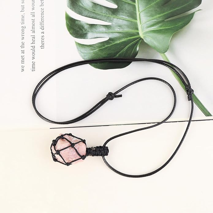 Handmade Natural Gemstone Crystal Pendant Necklace Stone Holder Necklace Cord Net Necklace with Adjustable Length for Women Men