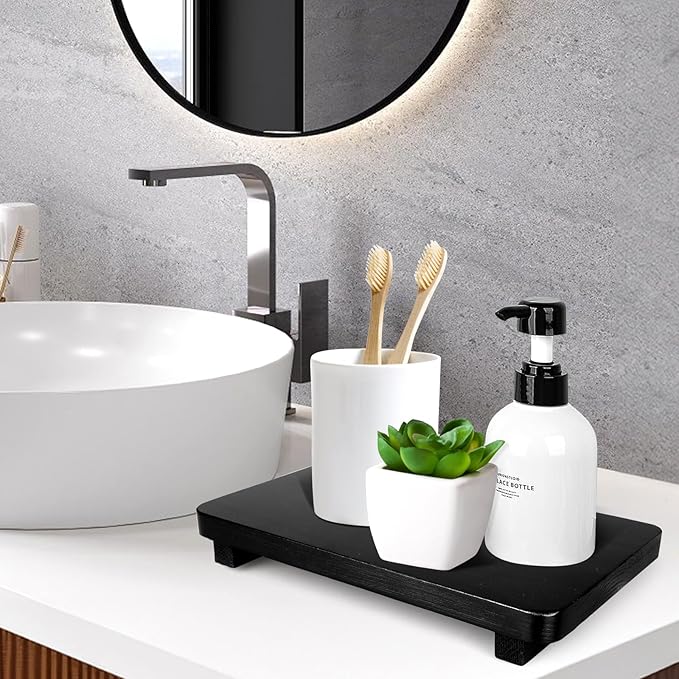 Black Bathroom Counter Organizer Wood Risers Display Pedestal Stand Farmhouse Wooden Dish Soap Dispenser Holder for Bathroom Decor Kitchen Countertop Trays Kitchen Sink Accessories Vanity Tray