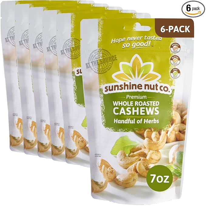 Sunshine Nut Company Whole Roasted Lightly Salted Cashews, Handful of Herbs Flavor, 6 Pack, 7 oz. Each, Gluten Free, Peanut Free and Vegan Individual Snack Packs for Kids and Adults, GMO Free
