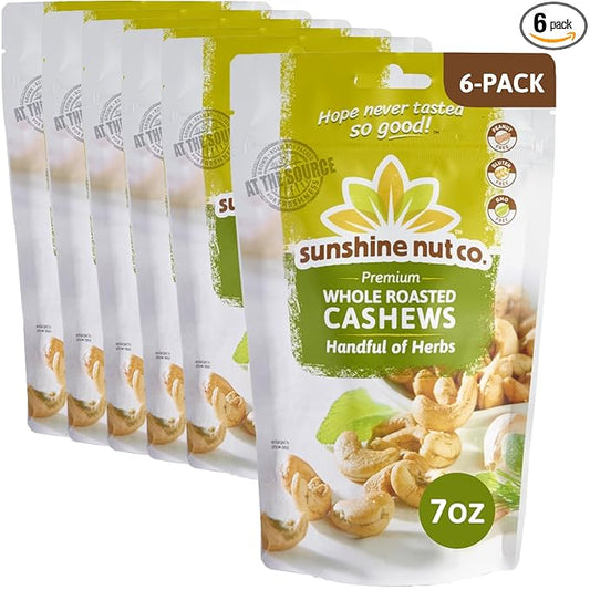 Sunshine Nut Company Whole Roasted Lightly Salted Cashews, Handful of Herbs Flavor, 6 Pack, 7 oz. Each, Gluten Free, Peanut Free and Vegan Individual Snack Packs for Kids and Adults, GMO Free