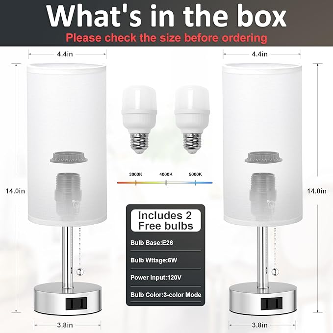 Fenmzee White Silver Bedside Table Lamps Set of 2-3 Color Temperatures Pull Chain Lamp with AC Outlet Charging Port, Two Round Night Stand Lamps for Bedroom, Small Bed Side Light with E26 LED Bulbs