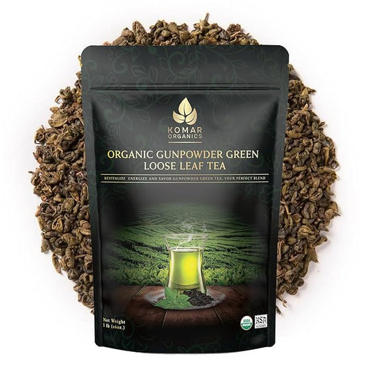 Komar Organics Gunpowder Green USDA Organic Green Tea 16Oz Loose Leaf Deep Smokey Flavor 1 LB, Ideal for Energy Boost, Antioxidants