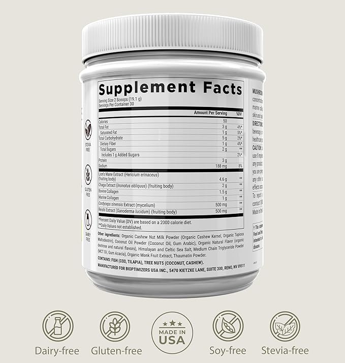 BIOptimizers Mushroom Coffee Alternative – Salted Caramel Drink – Lion’s Mane, Chaga, Reishi + Collagen Peptides for Focus, Energy & Gut Health – Adaptogenic Mushrooms & MCT Powder – 30 Servings