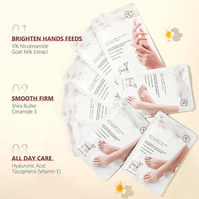 Hydrating Hand Foot Masks Set for Women Men,6 Pack Glove Mask for Dry Hand & 6 Pack Socks Mask for Dry Cracked Feet（Milk）
