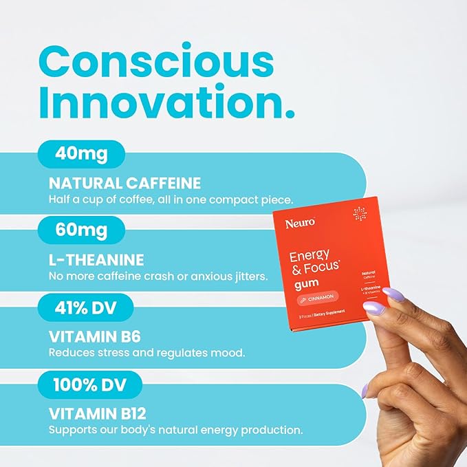 NeuroGum Energy & Focus Gum (54 Count-6 Pack, Cinnamon) | 40mg Natural Caffeine + L-Theanine + Vitamin B12 & B6 + Xylitol | Sugar Free Nootropic Cognitive Brain Performance Supplement