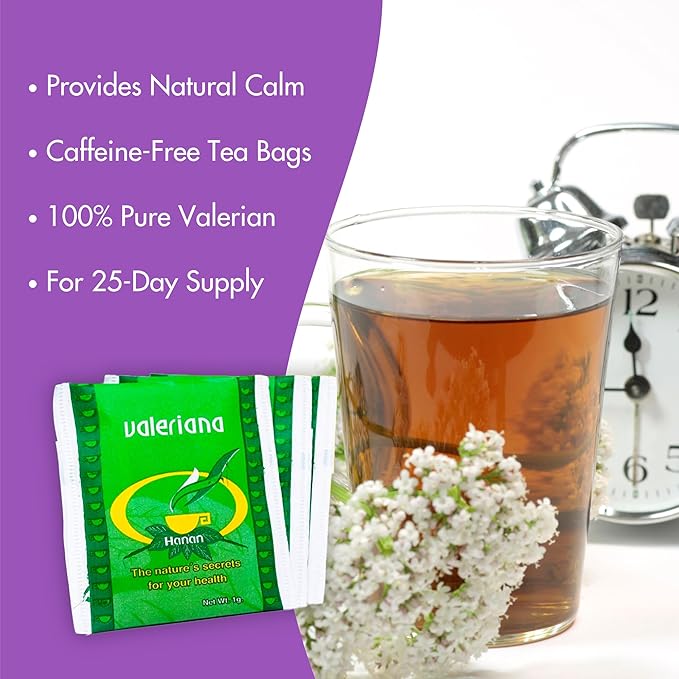 Hanan Valerian Root Tea for Bedtime (50 Bags) - Te de Valeriana, Herbal Calming Night Tea - 100% Pure, Caffeine-Free, Non-GMO, Herb from Peru - Pack of 2 Boxes