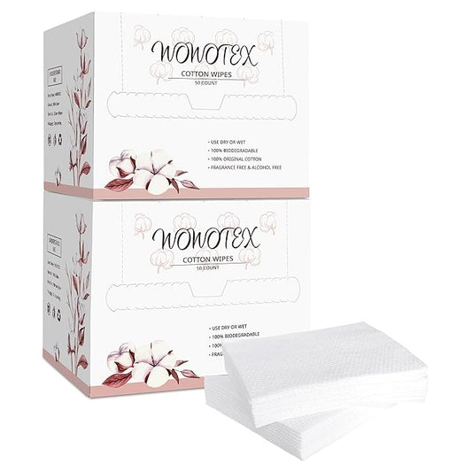 100% Cotton Disposable Face Towel 100 Count 10x12 Inch | Biodegradable Thick Soft One Time Use Dry Wipes for Sensitive Skin, Baby Care, Facial Cleaning, Makeup Removal