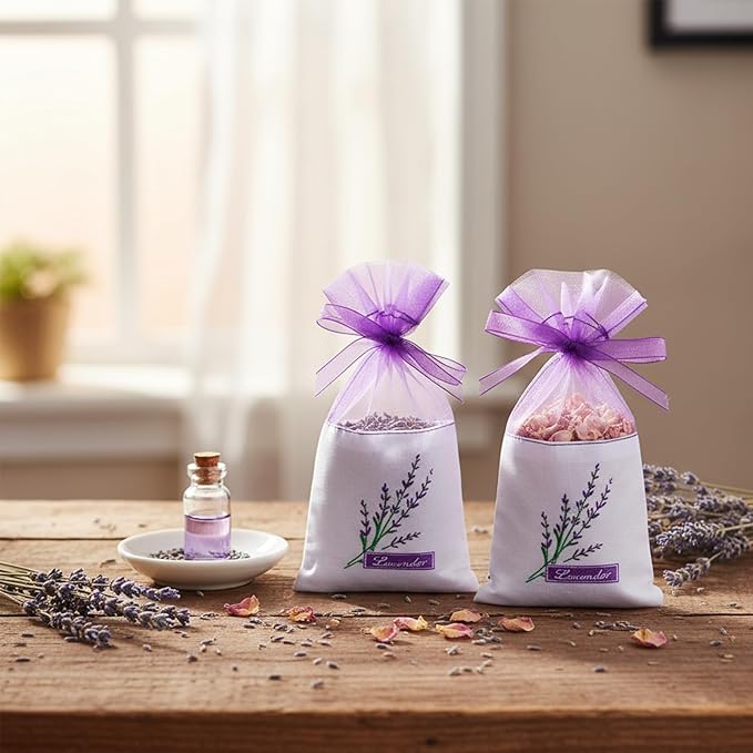 Lavender Sachet Bags Empty, 25 Pack Purple Gauze Ribbons Organza Gauze Favor Bags Sacks for Lavender, Spice(Light Purple)