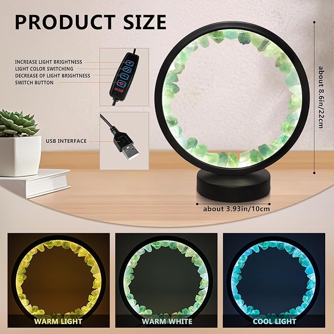 Healing Crystal Bedside Lamp,3 Colors Ambient Night Light,USB Dimming Crystal Table Lamp,Natural Energy Crystal Decor for Bedroom Home Dating Gift (Green, Circle)
