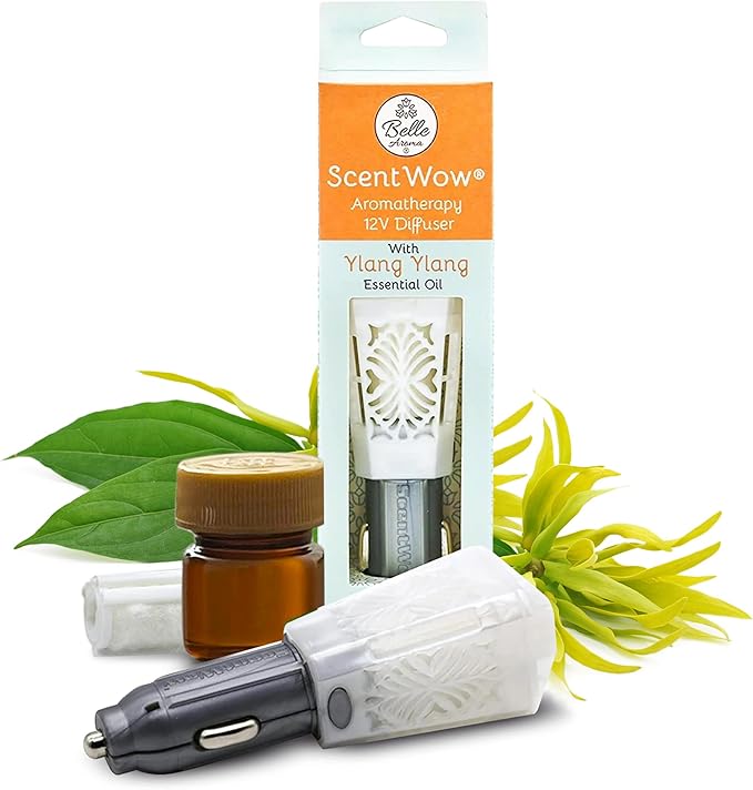 Belle Aroma ScentWow Aromatherapy - Ylang Ylang Car Diffuser for Essential Oils – Portable 12V Plug-In Mini Diffuser – Compact Travel Humidifier for Car, Truck & Small Spaces – White & Gray