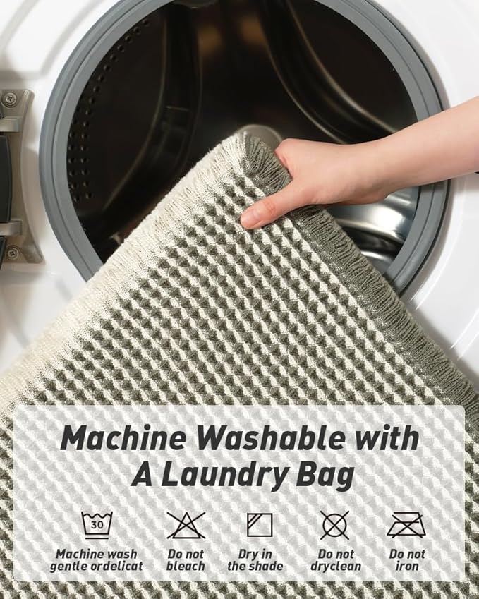 AMOAMI Upgraded Waffle Runner Rug Super Absorbent Non Slip Bath Mats for Bathroom Machine Washable Bathroom Runner Rug with Tassels, Ideal for Hallway Bedroom Laundry Room, 2' x 6', Green & Cream