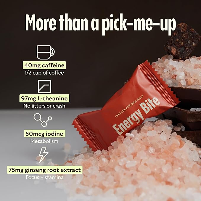 GEM Energy Caffeinated Bite | Holistic Sustained Energy | Supports Metabolism, Stamina & Endurance | 40mg Caffeine, Ginseng Root, L-Theanine | Chocolate Cacao Sea Salt | 7 Servings