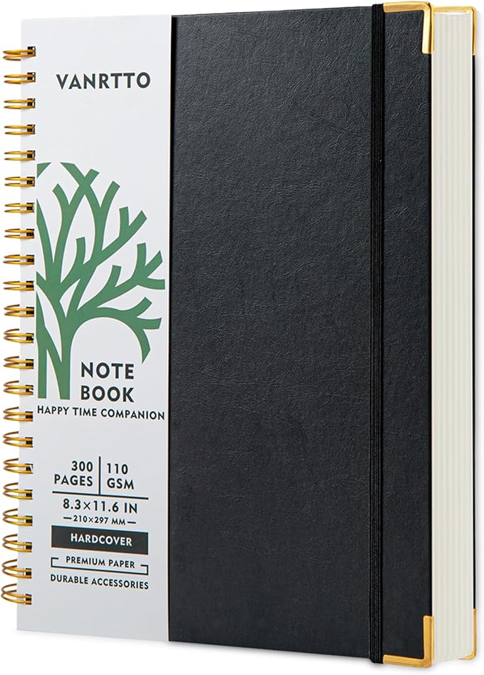 Hardcover Spiral Notebook, 8.5 x 11 IN Notebooks College Ruled, 110 GSM Thick Lined Paper Notebooks for Work, School and Travel, 300 Pages Journals for Writing, Large Journal for Women New Black