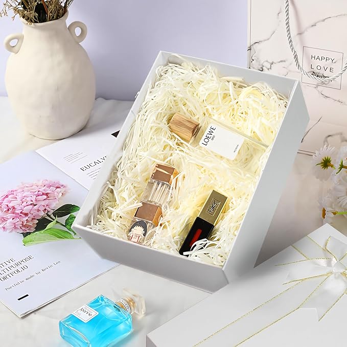 Eerbaier White Gift Boxes with lids - 3 Pack 8.8x6.3x3.5 Inches Present Box with Raffia Paper Fill and Greeting Card - Premium Cardboard Gift Boxes for Presents