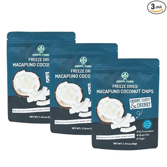 NOKKI FARM Freeze Dried Macapuno Coconut Chips - Healthy & Exotic Tropical Fruit Snacks, Low in Sugar, No Preservatives, Kid-Approved Shelf-Stable & Portable On-The-Go Snacking - 1.76 Oz