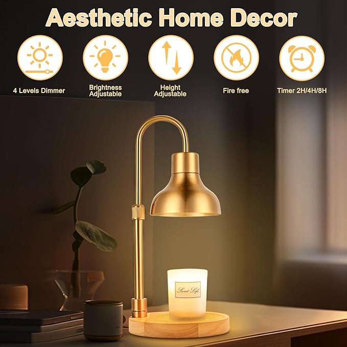 Candle Warmer Lamp with Timer & 3 Bulbs, Dimmable Electric Candle Light Adjustable Height and Brightness Candle Wax Warmer for Jar Candles Bedroom Home Decor House Warming Gift (Gold)