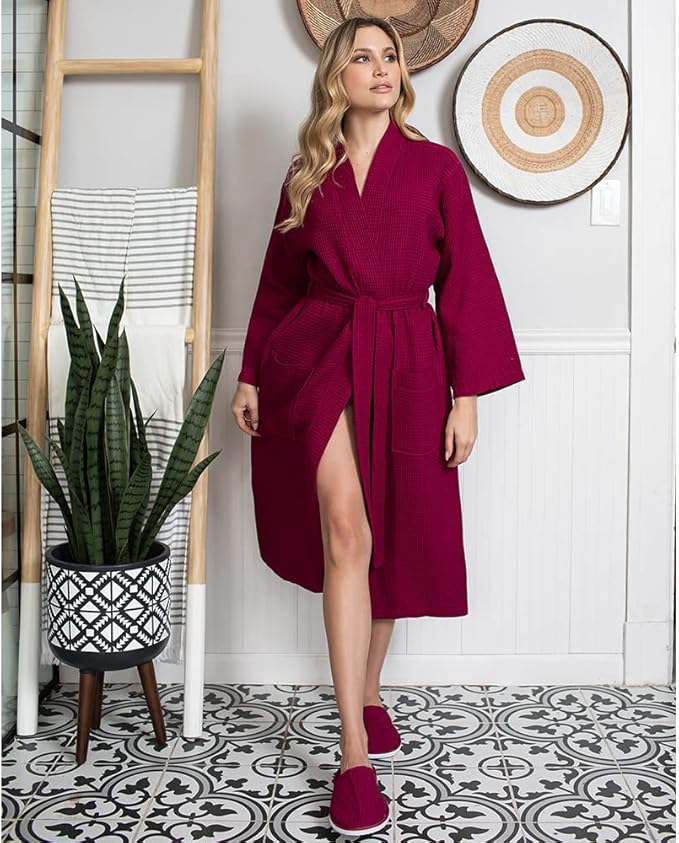 Lotus Linen Waffle Robes for Women - Lightweight Cotton Kimono Bathrobe - Long Soft Spa Bath Robe