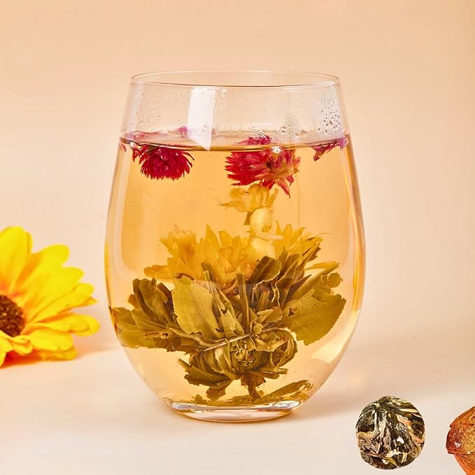 10 Assorted Blooming Flower Tea Balls Gift Set| Handmade Herbal Flowering Tea Balls Variety Individual Packing| Blooming Green Teas with Flowers for Teas Lovers, Anniversary, Valentine, Birthday (Star & Moon Bag)