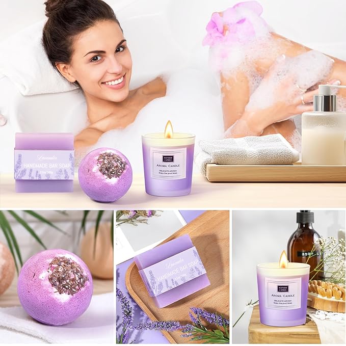 Birthday Gifts for Women Lavender Spa Gift Basket for Women Self Care Relaxing Bath Set Purple Gifts Inspirational Gift for Mom Wife Her Female Sister Teacher Nurse Friends Employee Coworker Spa Gifts