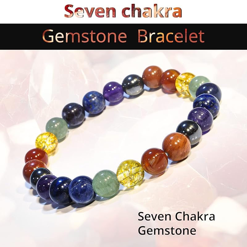 7 Chakra Bracelet, Natural Healing Crystal Bracelet for Women and Men, 8mm Round Beaded Bracelet for Spiritual Healing, Protection, Positive Energy, Elastic Adjustable Size Gemstone Bead Bracelet