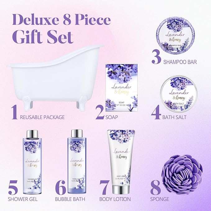 Bath and Body Gift Set - Lavender Gifts for Women, Body & Earth Bath & Shower Sets, 8 Pcs Lavender Honey Gift Sets with Bubble Bath, Lotion Set, Soap, Spa Kit for Women, Christmas Gifts for Mom