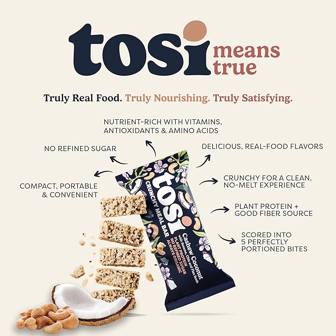 Tosi Cashew Coconut Protein Bars, Plant Based with Nuts, Gluten-Free Crunchy Snacks, Vegan, Organic, Flax & Chia Seeds, Soy-Free, Omega 3s, 14G Protein, 2.4 oz, 12-Pack