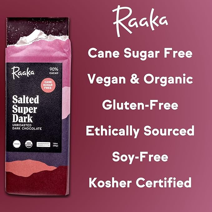 Raaka Salted Super Dark Chocolate Bars - 90% Cacao, Organic, Vegan, Kosher, Gluten Free, Cane Sugar Free - Lightly Sweetened with Coconut Sugar - 1.8oz Bars, 12-Pack