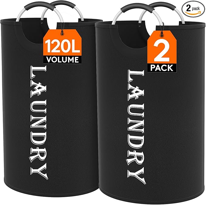 Lifewit 120L 2-Pack Large Laundry Basket, Collapsible Laundry Hamper with Aluminum Handles, Waterproof Freestanding Dirty Clothes Hampers for Laundry Room Bedroom Dorm Bathroom, Black