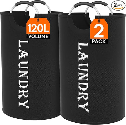 Lifewit 120L 2-Pack Large Laundry Basket, Collapsible Laundry Hamper with Aluminum Handles, Waterproof Freestanding Dirty Clothes Hampers for Laundry Room Bedroom Dorm Bathroom, Black