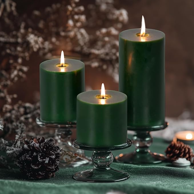 KONNI Navy Green Pillar Candles Set of 3, 3"x 4" Unscented Pillar Candles Bulk, 39 Hours Long Burning Candles, Smokeless&Dripless Large Round Candle for Wedding, Home Decoration, Parties, Spas, Dinner