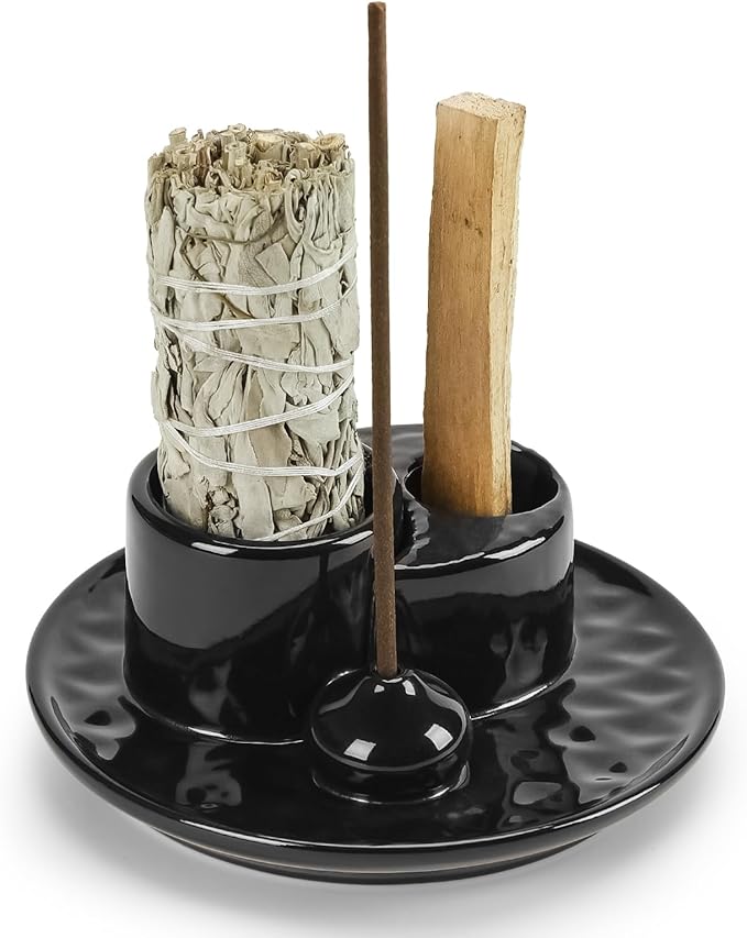 Palo Santo Sticks Holder, Multi-Purpose Handmade Ceramic Incense Burner for Palo Santo Incense Sticks, Sage Holder for Burning, Ash Catcher Tray for Meditation Yoga Room (Black)