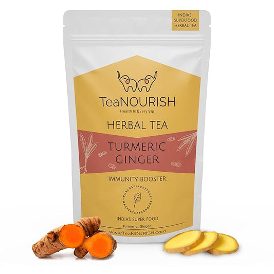 TeaNOURISH Turmeric Ginger Herbal Tea | Indian Superfoods | Aids Digestion & Supports Immunity | Stress Relief Tea | 100% NATURAL INGREDIENTS - 3.53oz/100g