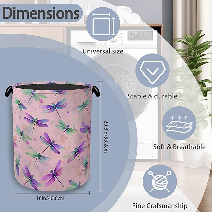 Colorful Dragonfly Laundry Basket,Foldable with Handles Tote Bag Oxford Cloth for Bathroom Bedroom Dirty Clothes Storage Bucket 16" x 20.8"