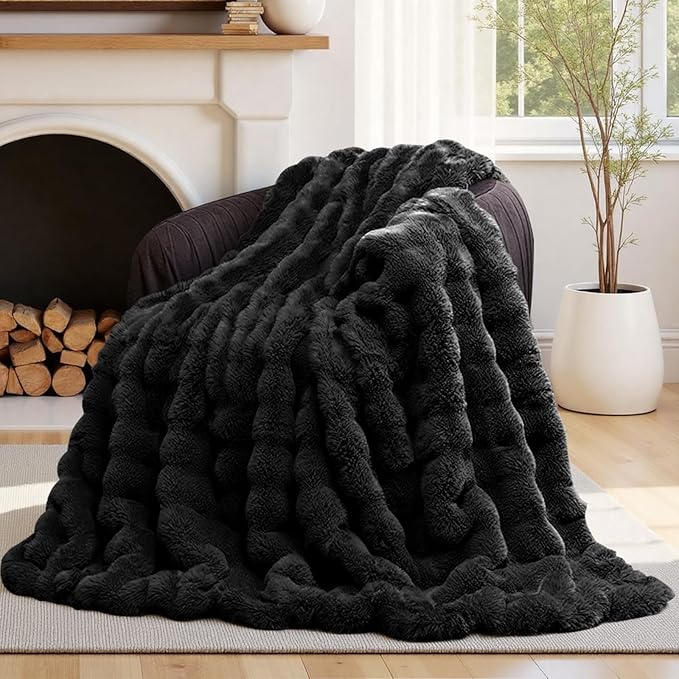 Lotus Karen Faux Fur Throw Blanket Black - Big Bubble Rabbit Fluff Blanket for Couch, Small Fluffy Fuzzy Cozy Blanket, Thick Furry Plush Shaggy Blankets, 50x60 Inches