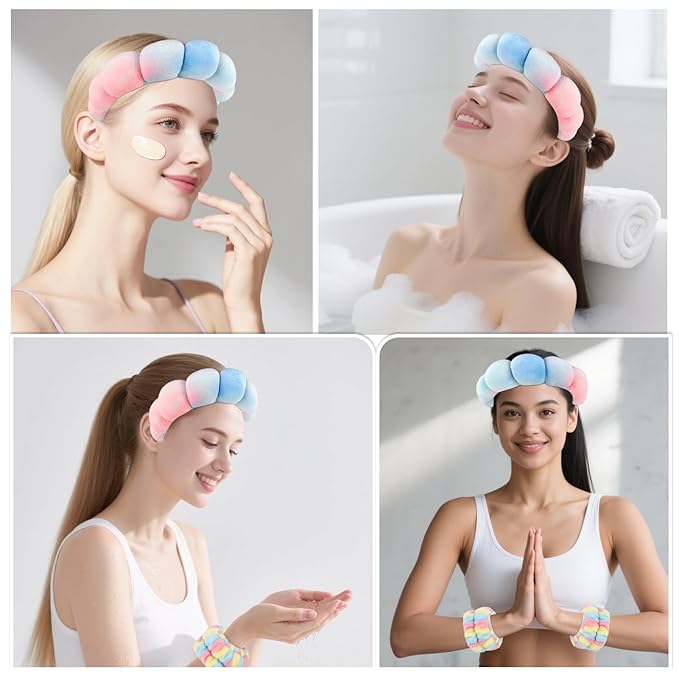 Zkptops Spa Headband for Washing Face Wristband Set Sponge Makeup Skincare Velvet Fabric Bubble Soft Get Ready Hairbands for Women Puffy Headwear Non Slip Thick Thin Hair Accessory (Pink Tie Dye)