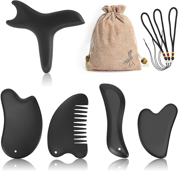 5 Pcs Bian Stone Guasha Tools, Natural Scraping Massage Set for Whole Body, Gua Sha Facial Tool for Daily Skincare, Trigger Point Massage Tool for Deep Relaxing and Pain Relief